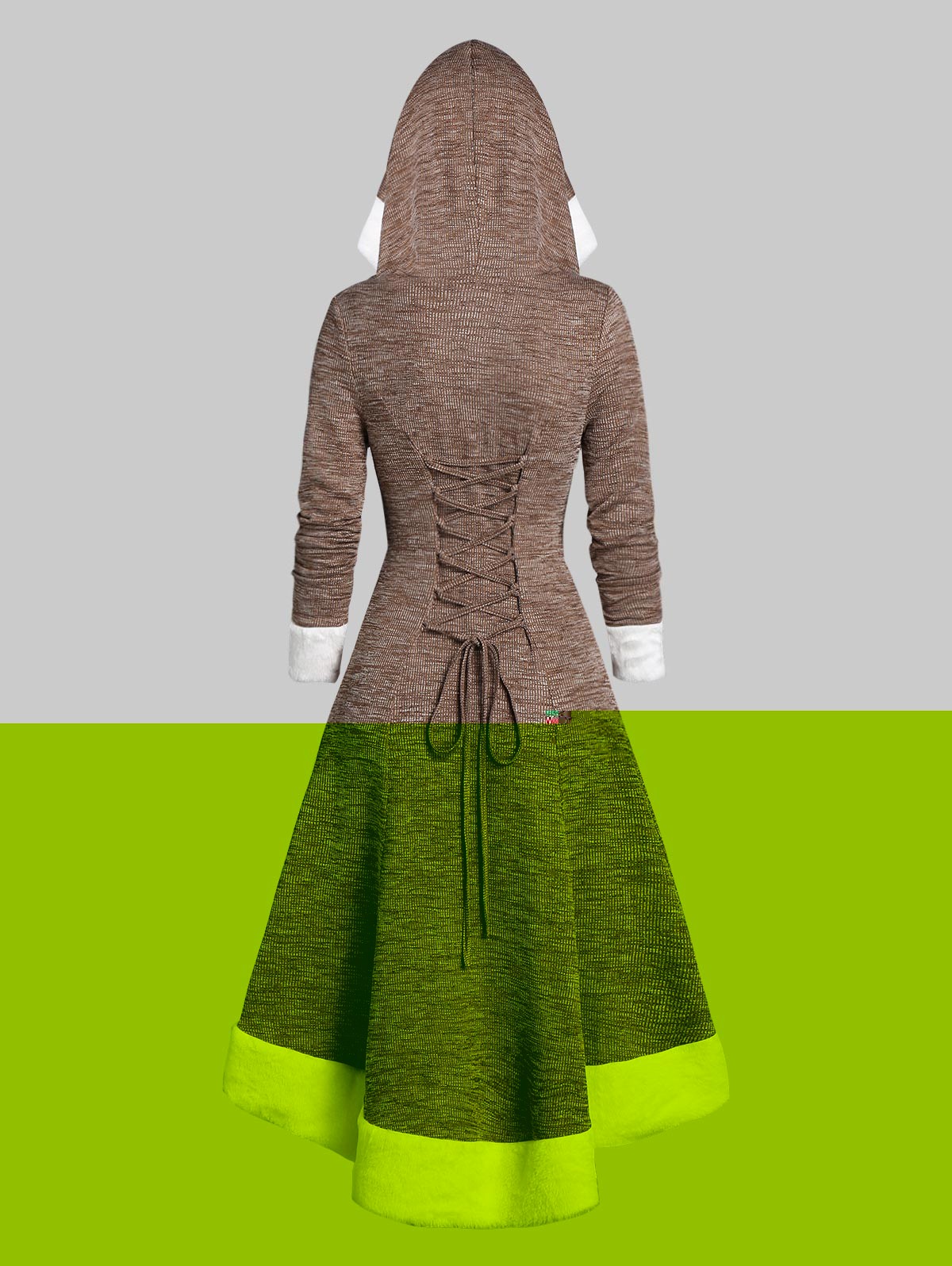 Hooded Faux Fur Trim Mock Button High Low Midi Dress