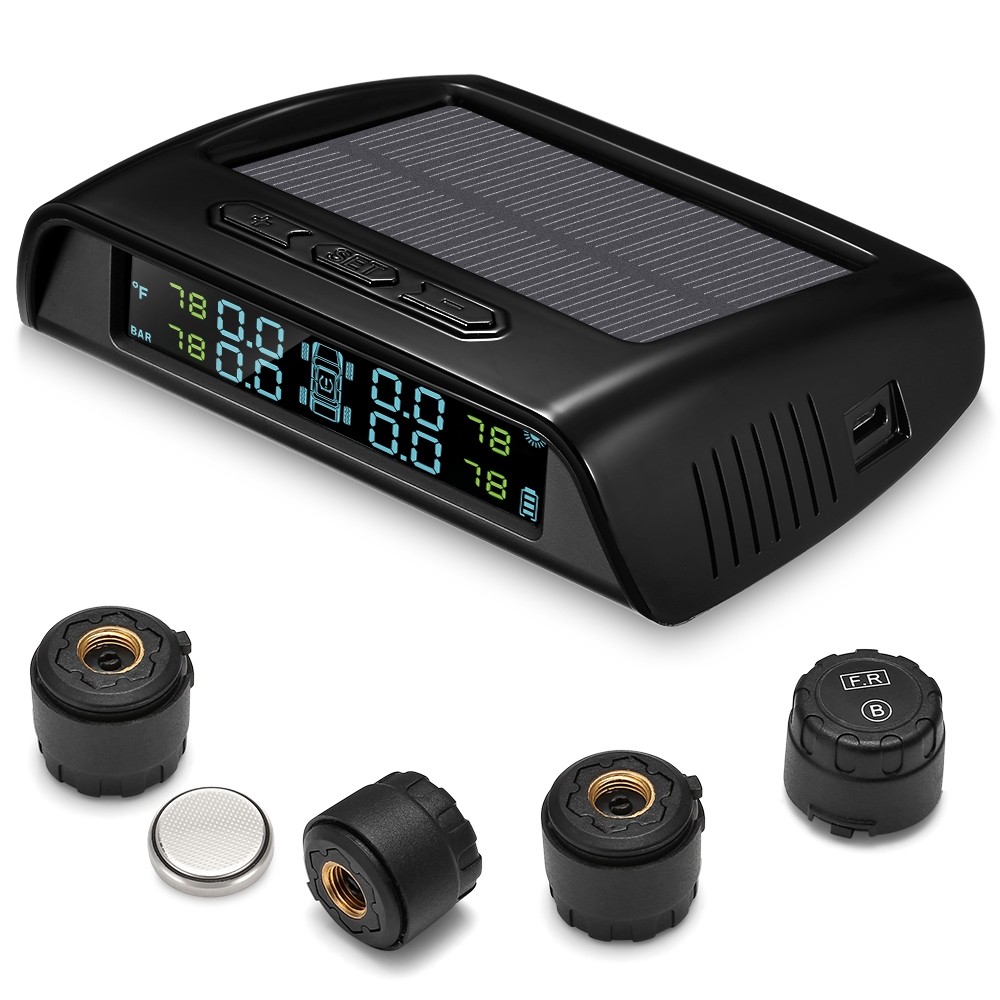 ZEEPIN C200 Tire Pressure Monitoring System Solar TPMS Universal Real-time Tester LCD Screen with 4 External Sensors