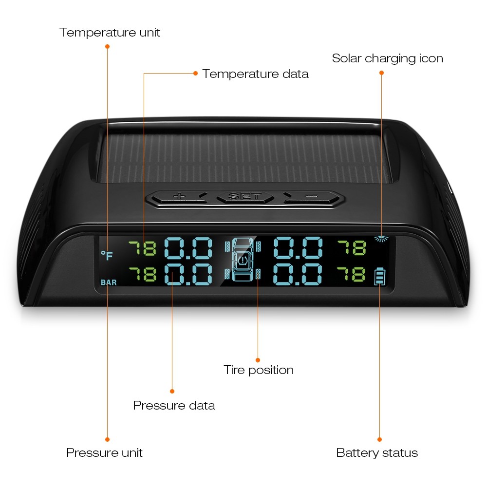 ZEEPIN C200 Tire Pressure Monitoring System Solar TPMS Universal Real-time Tester LCD Screen with 4 External Sensors