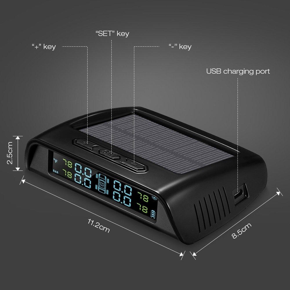 ZEEPIN C200 Tire Pressure Monitoring System Solar TPMS Universal Real-time Tester LCD Screen with 4 External Sensors