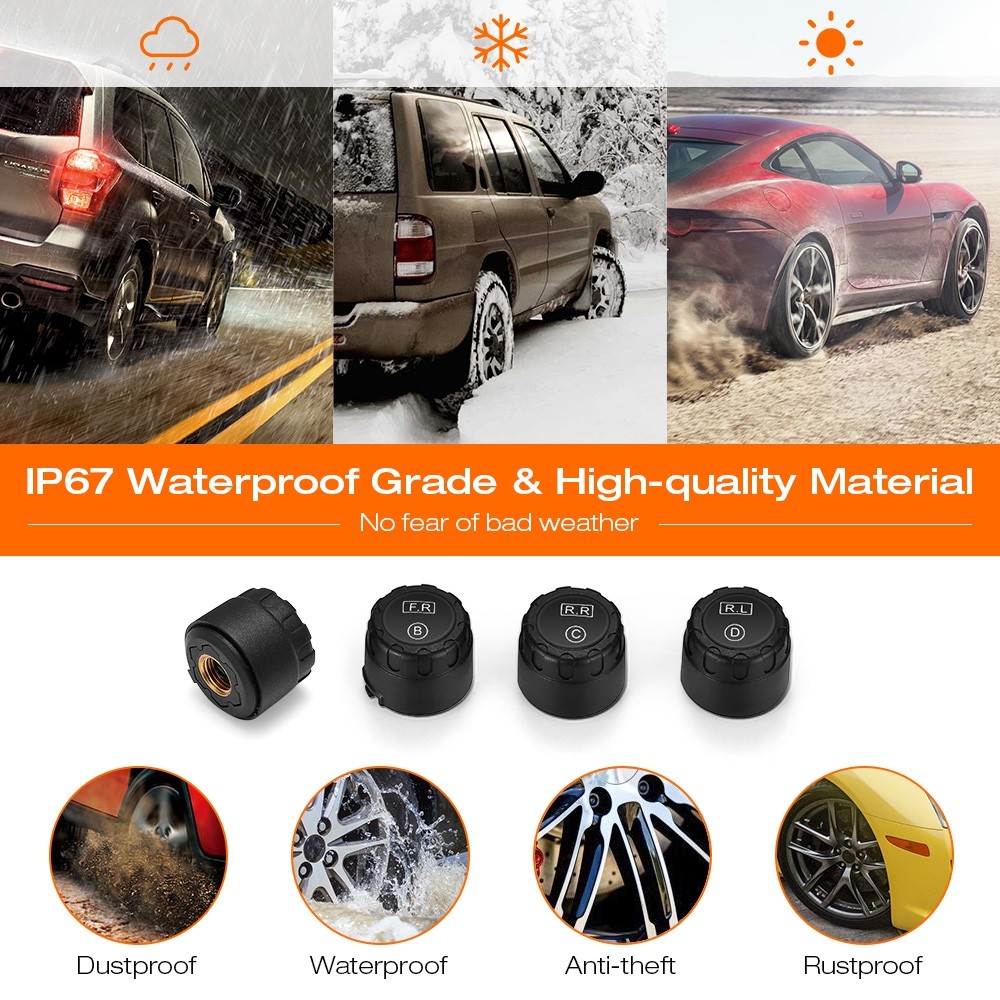 ZEEPIN C200 Tire Pressure Monitoring System Solar TPMS Universal Real-time Tester LCD Screen with 4 External Sensors