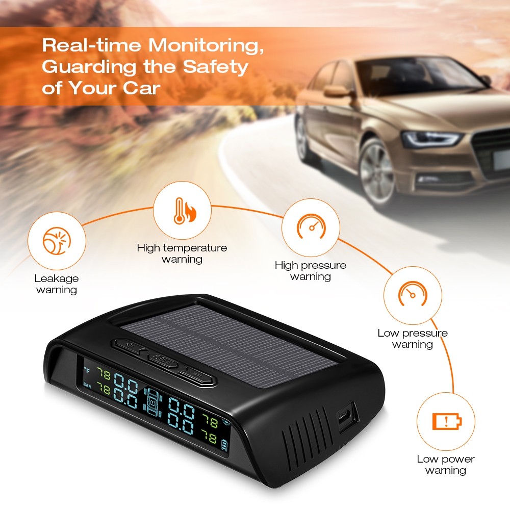 ZEEPIN C200 Tire Pressure Monitoring System Solar TPMS Universal Real-time Tester LCD Screen with 4 External Sensors