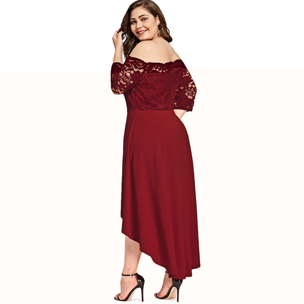 SOVALRO Plus Size XL-5XL Off Shoulder Dip Hem Lace long Dress