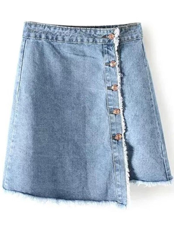 Button Up Frayed Hem Denim Skirt