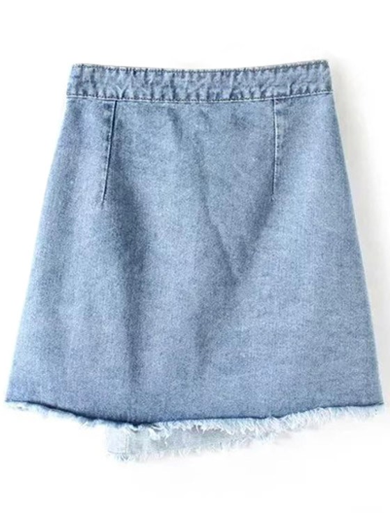Button Up Frayed Hem Denim Skirt