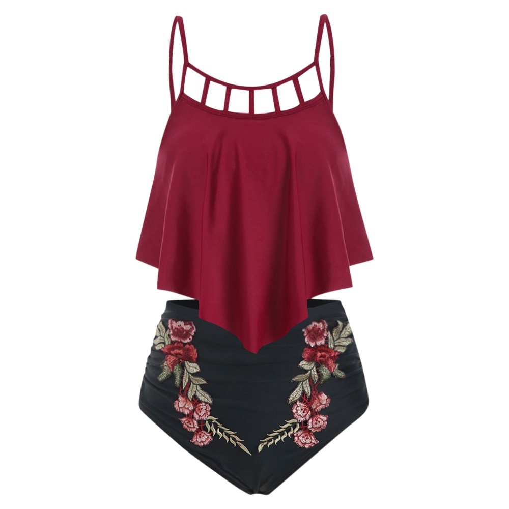 Floral Applique Flounce Tummy Control Tankini Swimwear