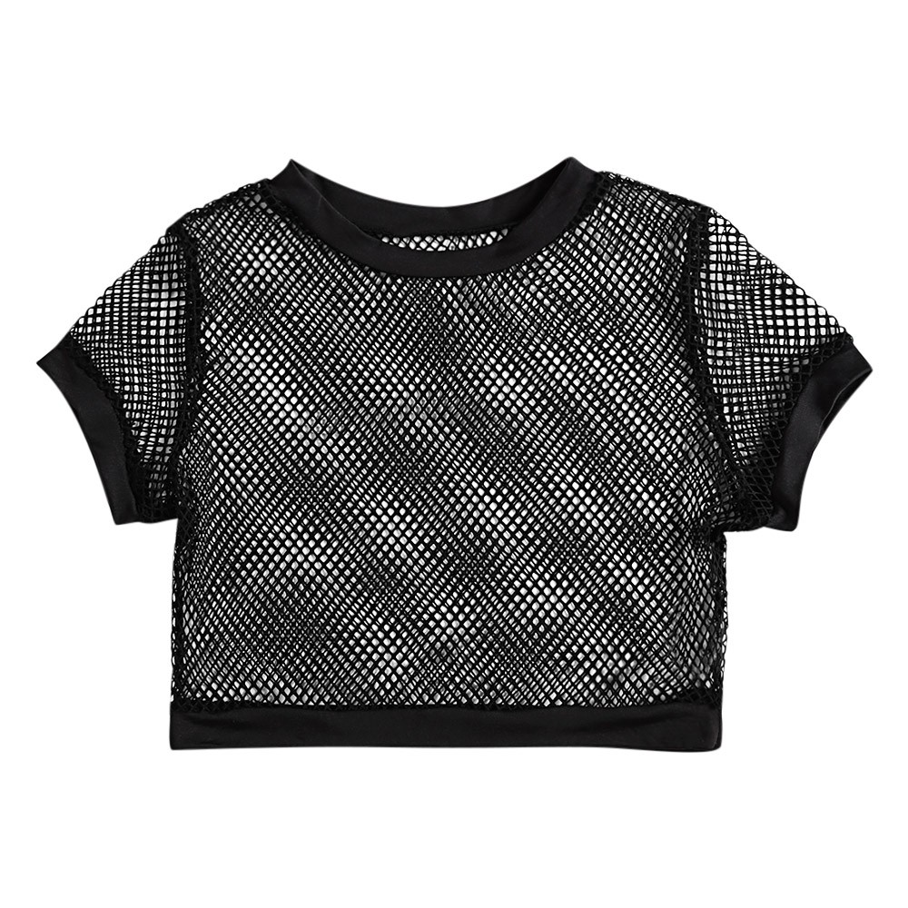 Crew Neck Short Sleeve Sexy Hollow Out Mesh Solid Color Women Crop Top