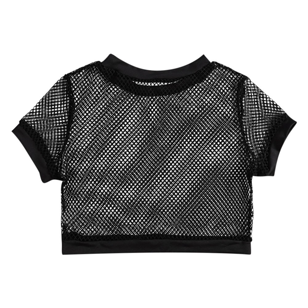 Crew Neck Short Sleeve Sexy Hollow Out Mesh Solid Color Women Crop Top