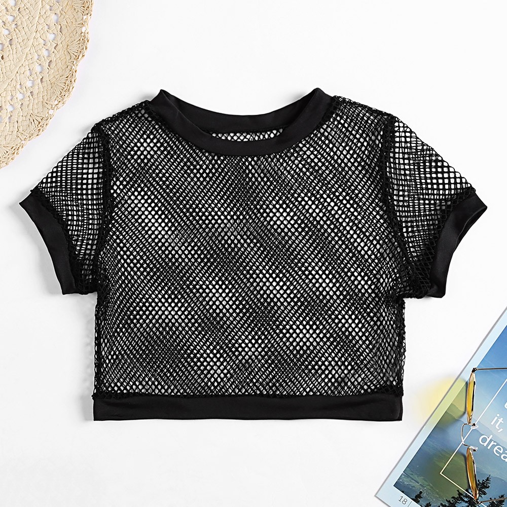 Crew Neck Short Sleeve Sexy Hollow Out Mesh Solid Color Women Crop Top