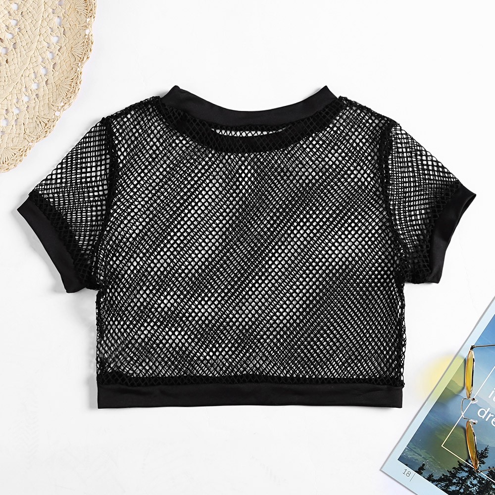 Crew Neck Short Sleeve Sexy Hollow Out Mesh Solid Color Women Crop Top