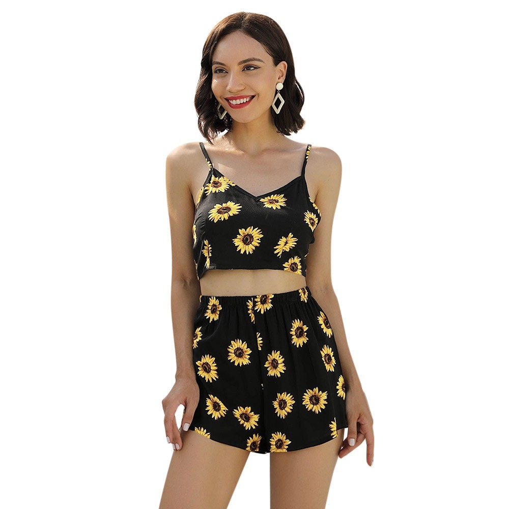 Women Two-piece Suit Sunflower Print Spaghetti Strap Knotted Crop Top Shorts