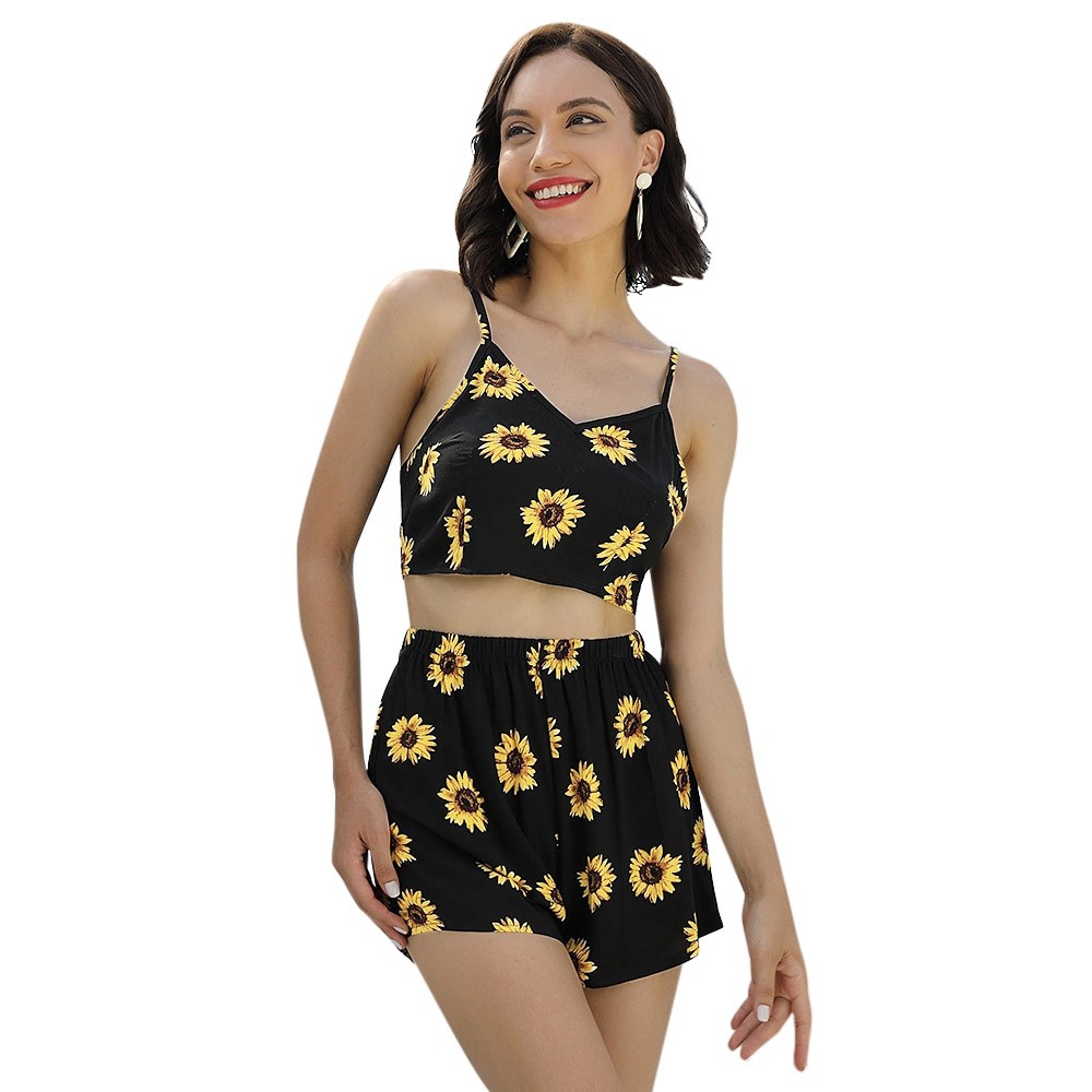 Women Two-piece Suit Sunflower Print Spaghetti Strap Knotted Crop Top Shorts