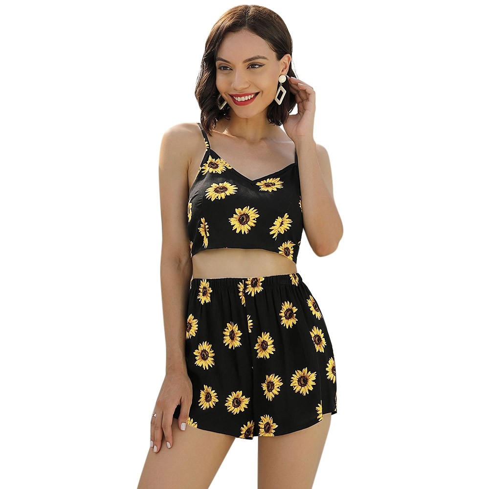 Women Two-piece Suit Sunflower Print Spaghetti Strap Knotted Crop Top Shorts