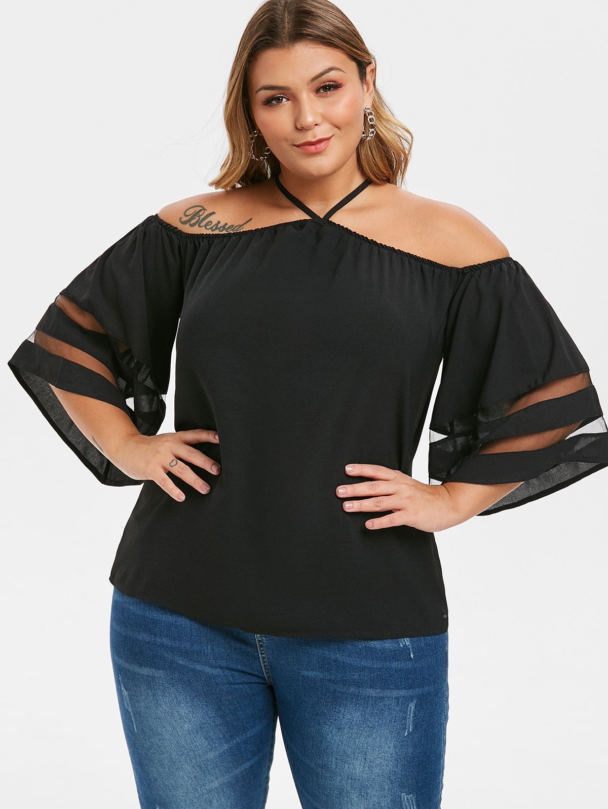 Keyhole Mesh Panel Open Shoulder Plus Size Blouse