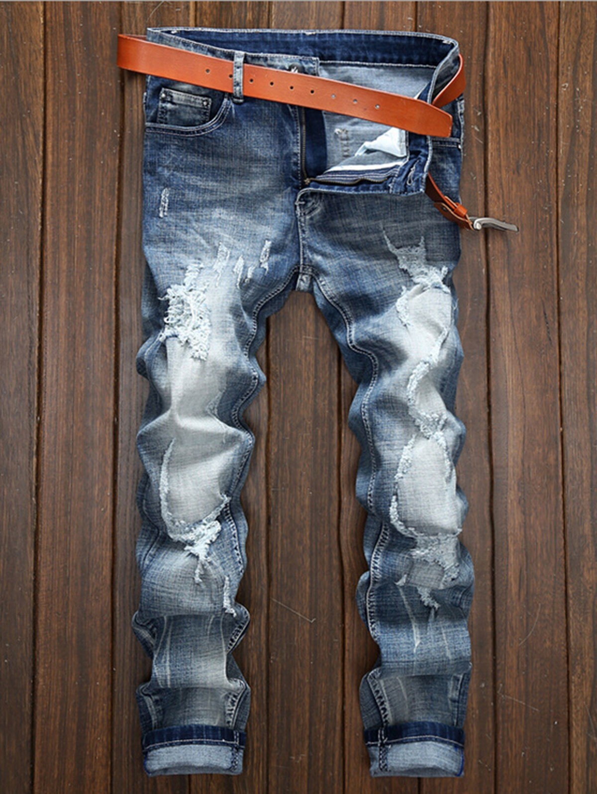 Holes and Cat's Whisker Design Straight Leg Jeans