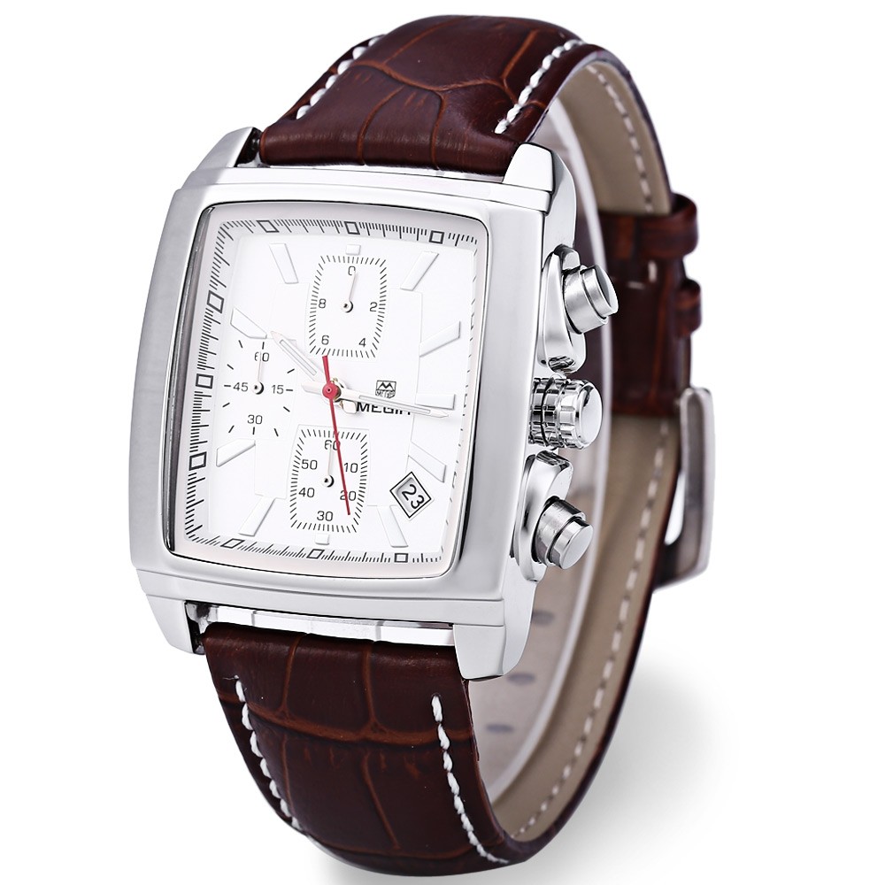 MEGIR M2028 Male Quartz Watch Rectangle Dial with Date Function Sport Wristwatch