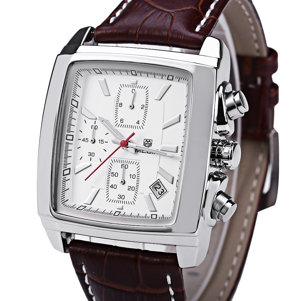 MEGIR M2028 Male Quartz Watch Rectangle Dial with Date Function Sport Wristwatch