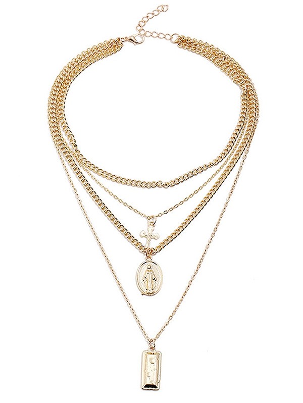 Layered Cross Geometric Shape Pendant Chain Necklace