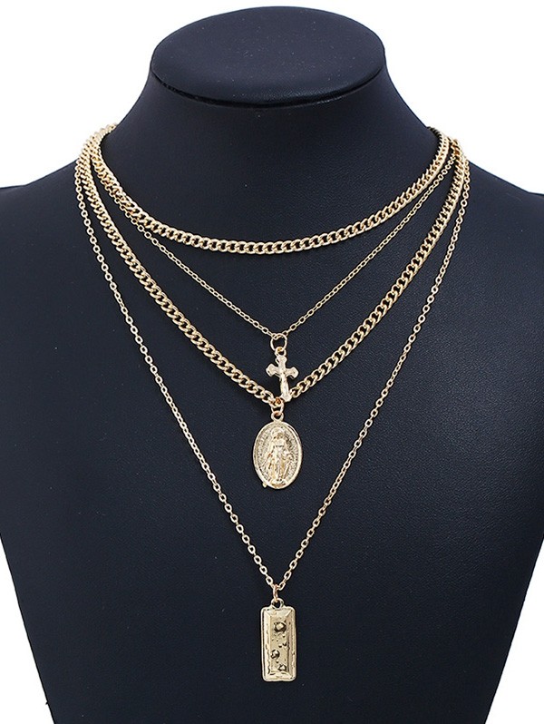 Layered Cross Geometric Shape Pendant Chain Necklace