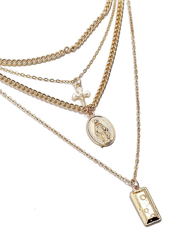 Layered Cross Geometric Shape Pendant Chain Necklace