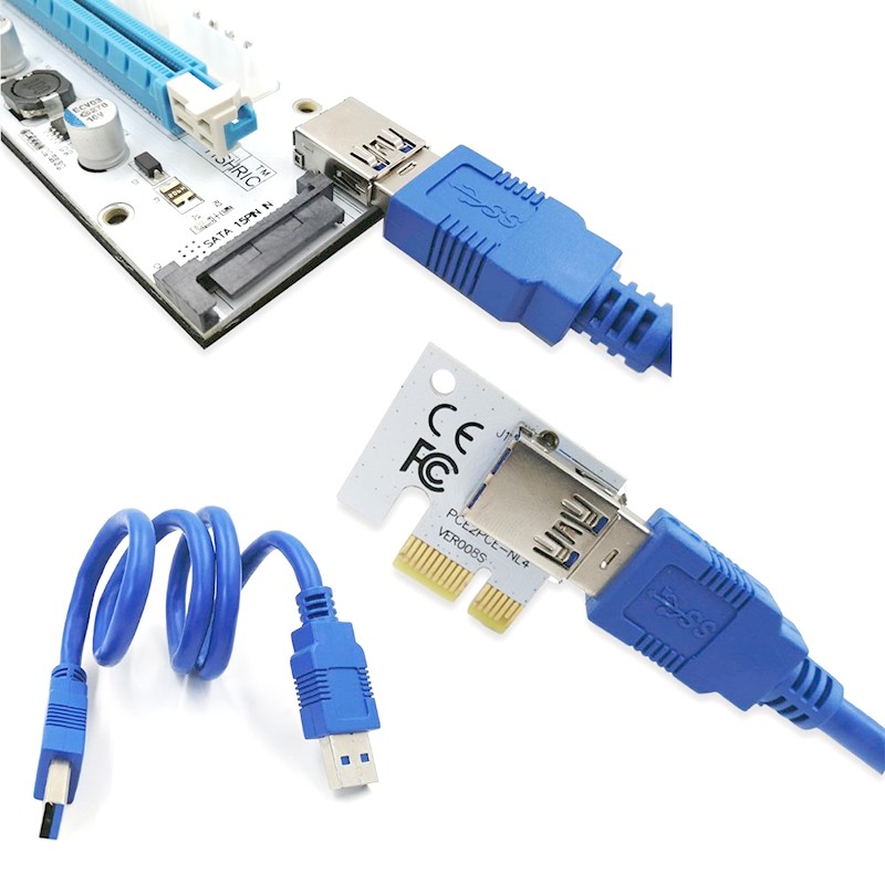 008S PCI-E Express 1x to 16x USB Riser Adapter Card Cable Molex/6pin/Sata USB 3.1 Extension Connector Riser60cm