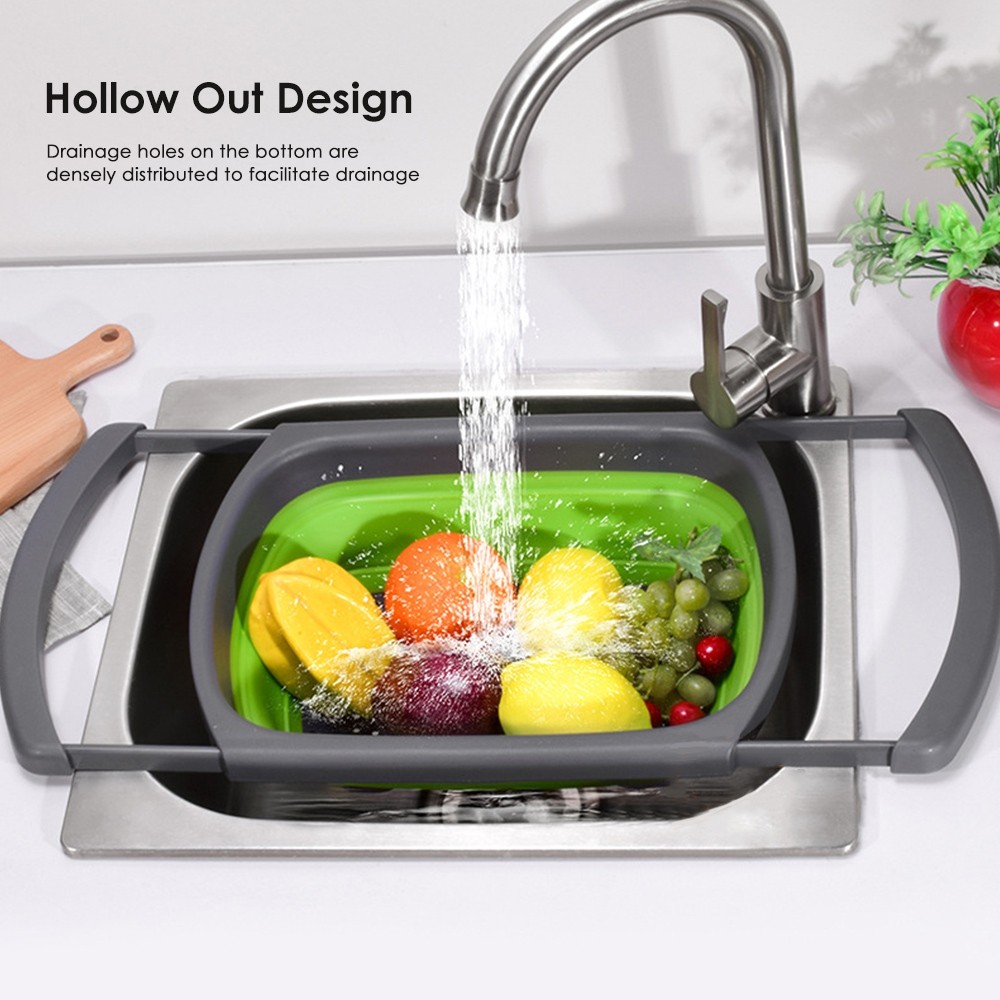 Silicone Over the Sink Colander Strainer with Extendable Handles Kitchen Washing Basket