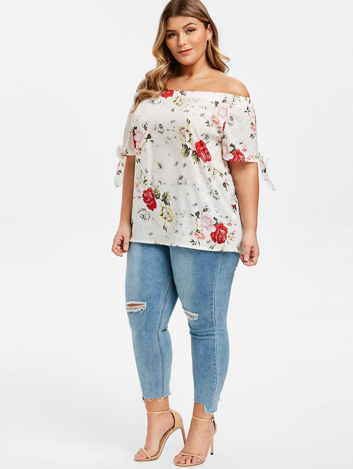 Off The Shoulder Floral Bowknot Plus Size Blouse
