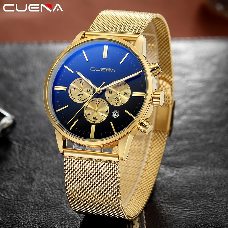 CUENA 6813G Men Multifunctional Alloy Case Quartz Watch with Stainless Steel Band
