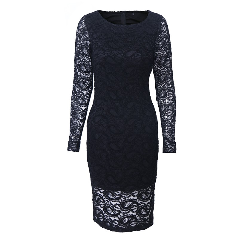 Women New Fashion Celebrity Style Long Sleeve Sheath Shift Party Wear to Work Office Bodycon Lace Pencil Dress