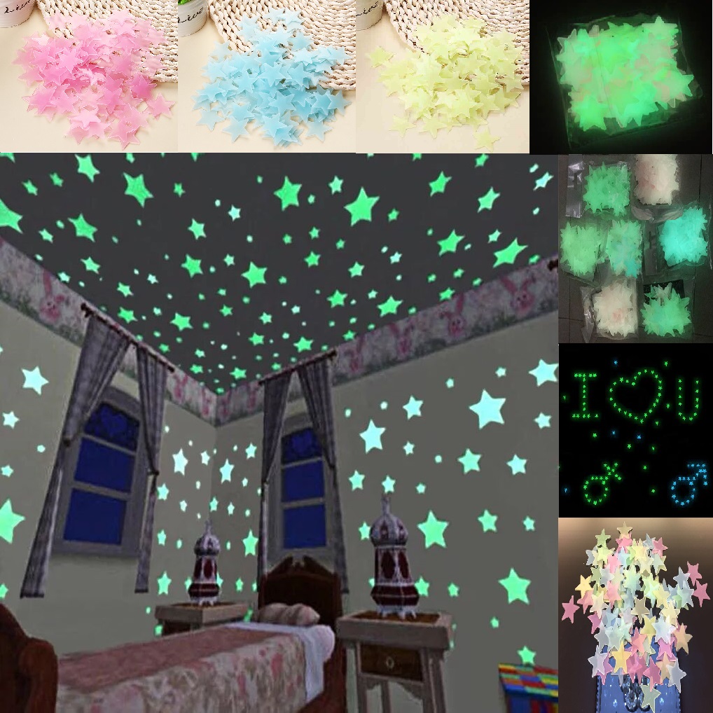 100Pcs Luminous Fluorescent Glow In The Dark Stars Wall Stickers Gift Kid Bedroom Home Decor Living