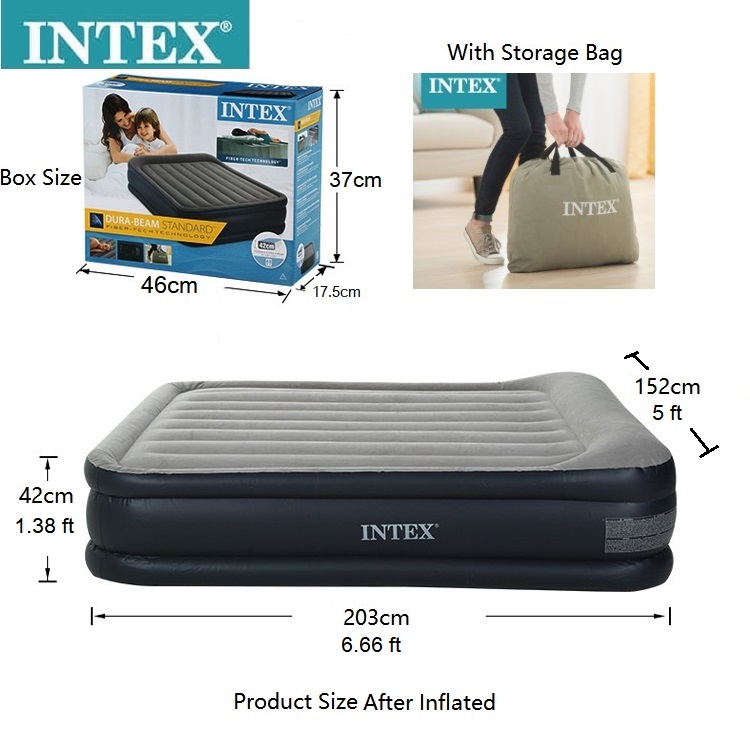 Intex Airbed Inflatable Mattress with Built-in Pump Soft Durable Portable Folding Air Bed Queen Size
