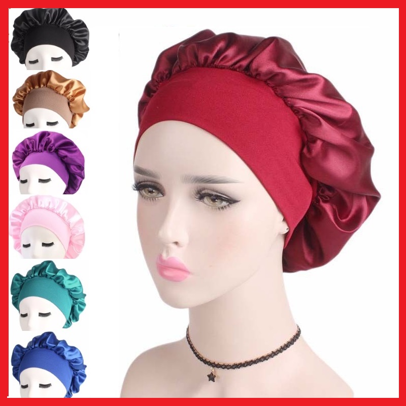 Satin Headscarf Hat Sleeping Bonnet Curly Hair Wrap Silk Cap Fashion Wide Soft Elastic Springy Band Head Scarf Headwear Pure Color Night Sleep Hat Nightcap Head Cover