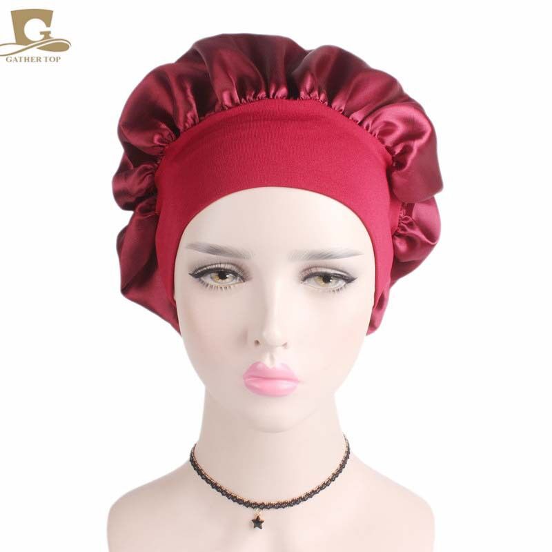 Satin Headscarf Hat Sleeping Bonnet Curly Hair Wrap Silk Cap Fashion Wide Soft Elastic Springy Band Head Scarf Headwear Pure Color Night Sleep Hat Nightcap Head Cover