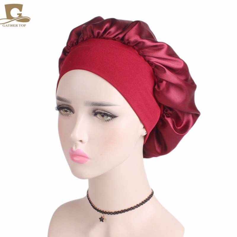 Satin Headscarf Hat Sleeping Bonnet Curly Hair Wrap Silk Cap Fashion Wide Soft Elastic Springy Band Head Scarf Headwear Pure Color Night Sleep Hat Nightcap Head Cover