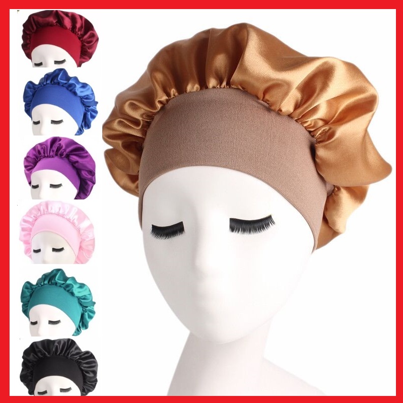 Satin Headscarf Hat Sleeping Bonnet Curly Hair Wrap Silk Cap Fashion Wide Soft Elastic Springy Band Head Scarf Headwear Pure Color Night Sleep Hat Nightcap Head Cover