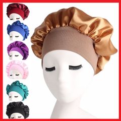 Satin Headscarf Hat Sleeping Bonnet Curly Hair Wrap Silk Cap Fashion Wide Soft Elastic Springy Band Head Scarf Headwear Pure Color Night Sleep Hat Nightcap Head Cover Brown