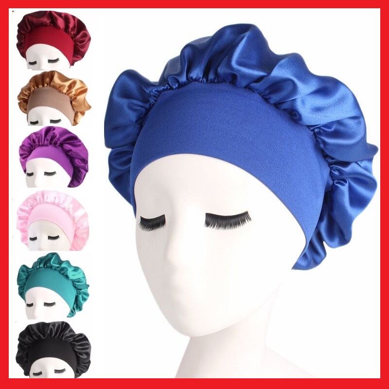 Satin Headscarf Hat Sleeping Bonnet Curly Hair Wrap Silk Cap Fashion Wide Soft Elastic Springy Band Head Scarf Headwear Pure Color Night Sleep Hat Nightcap Head Cover