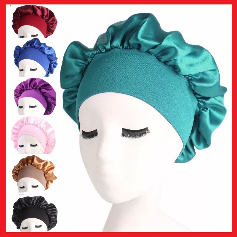 Satin Headscarf Hat Sleeping Bonnet Curly Hair Wrap Silk Cap Fashion Wide Soft Elastic Springy Band Head Scarf Headwear Pure Color Night Sleep Hat Nightcap Head Cover