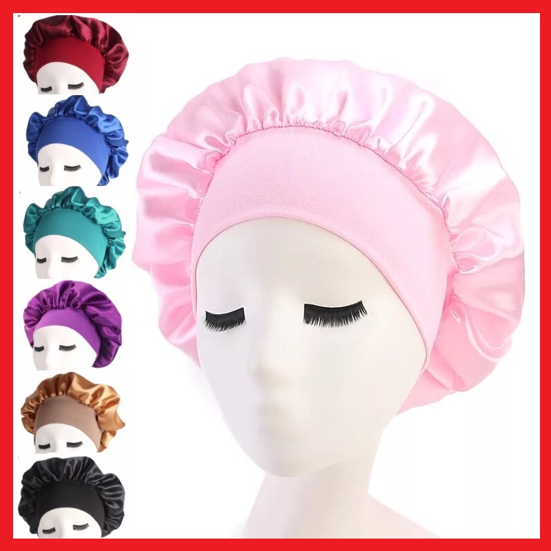 Satin Headscarf Hat Sleeping Bonnet Curly Hair Wrap Silk Cap Fashion Wide Soft Elastic Springy Band Head Scarf Headwear Pure Color Night Sleep Hat Nightcap Head Cover