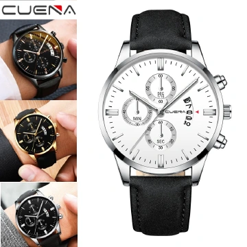 CUENA Men Watch leather straps Stainless Steel Good Quartz Luxury Man Wristwatch Waterproof Watches Fashion Business Quartz Analog Male Watch Wrist Watch Valentines Gift Fashion Sliver (White Dial BlaSliver (White Dial Black Strap),one size