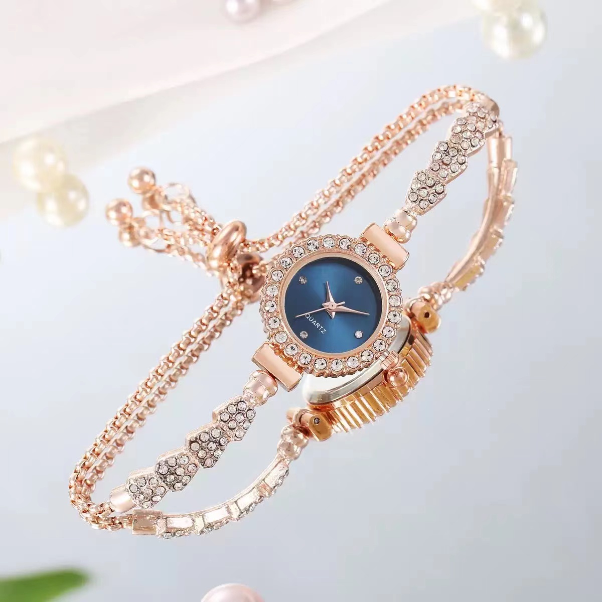 Luxury Quartz Bracelet Women Watch Stainless Steel Lady Watch Good Luxury Wristwatch Iced Wrist Watch Rosegold Ice Diamond Female Watches Valentines Christmas Gift Fashion Business BlueBlue