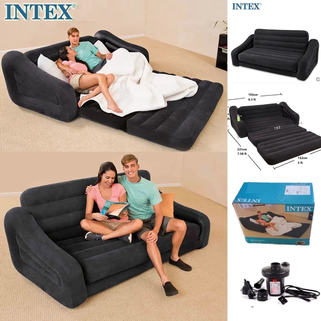 Intex Pull-out Sofa Inflatable Airbed Mattress Seat 2 Seater Durable Folding Air Bed With Pump Queen