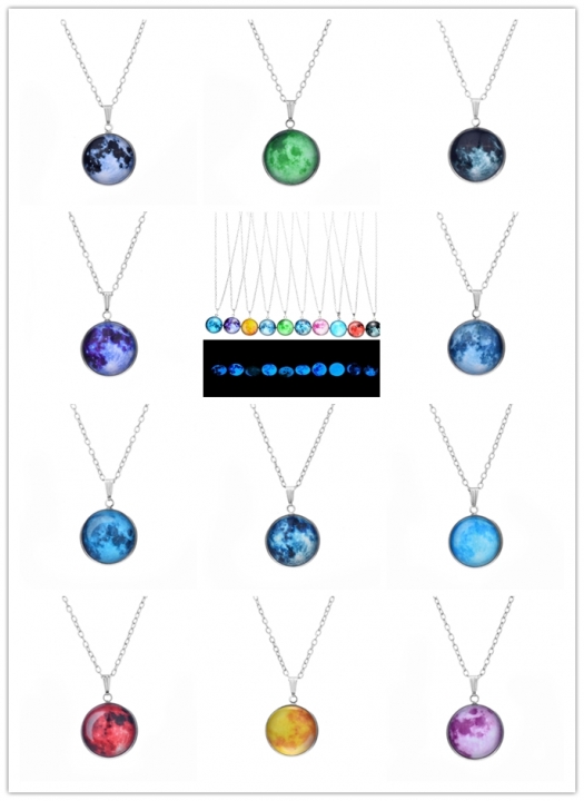 Noctilucence Glow Luminous Moon Stars Planet Glass Cabochon Pendant Jewelry Necklace