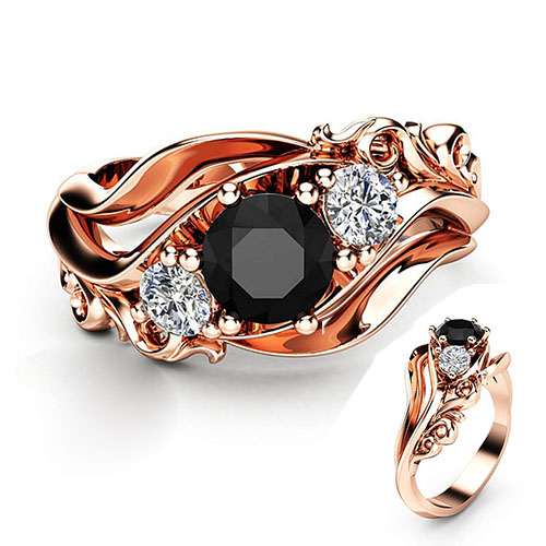Women Jewelry Flower Black Zircon Ring bijoux Rose Gold Color Chic Elegant Female Rings