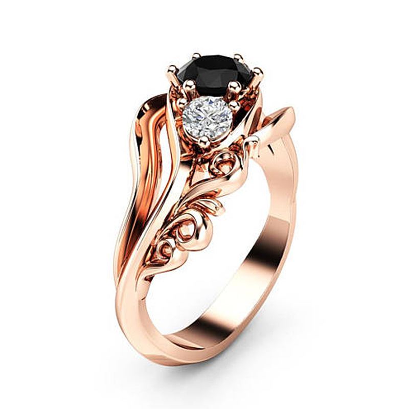 Women Jewelry Flower Black Zircon Ring bijoux Rose Gold Color Chic Elegant Female Rings