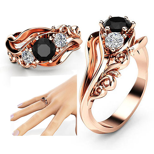 Women Jewelry Flower Black Zircon Ring bijoux Rose Gold Color Chic Elegant Female Rings