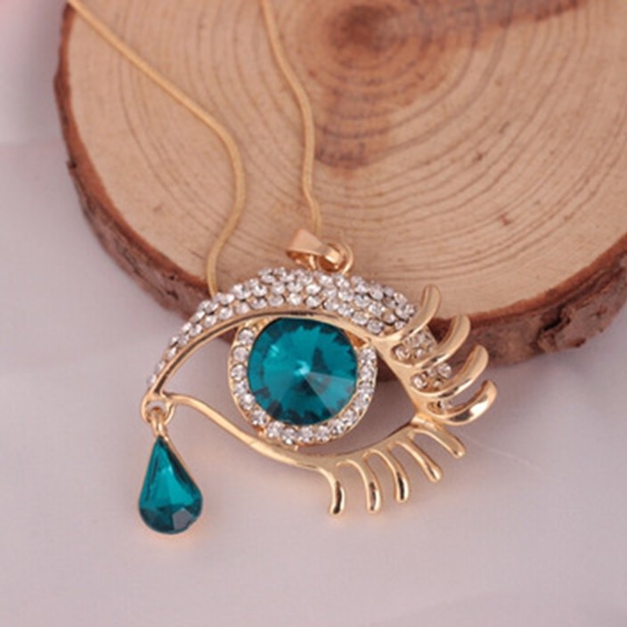 Charm Woman Evil Eye Crystal Rhinestone Teardrop Pendant Chain Necklace