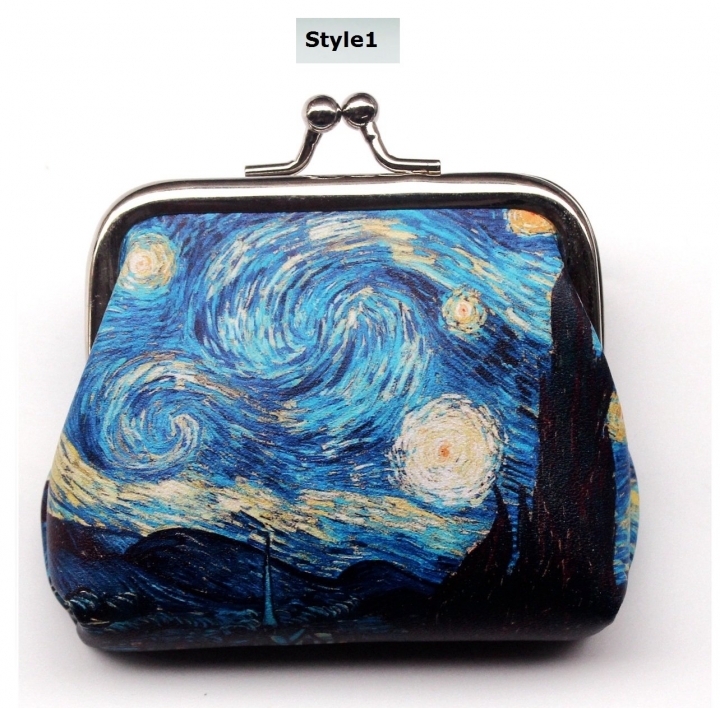 Female Oil Paiting Yellow Blue Van Gogh Wheat Field Starry Sky Printing Kiss Lock Mini Coin Purse