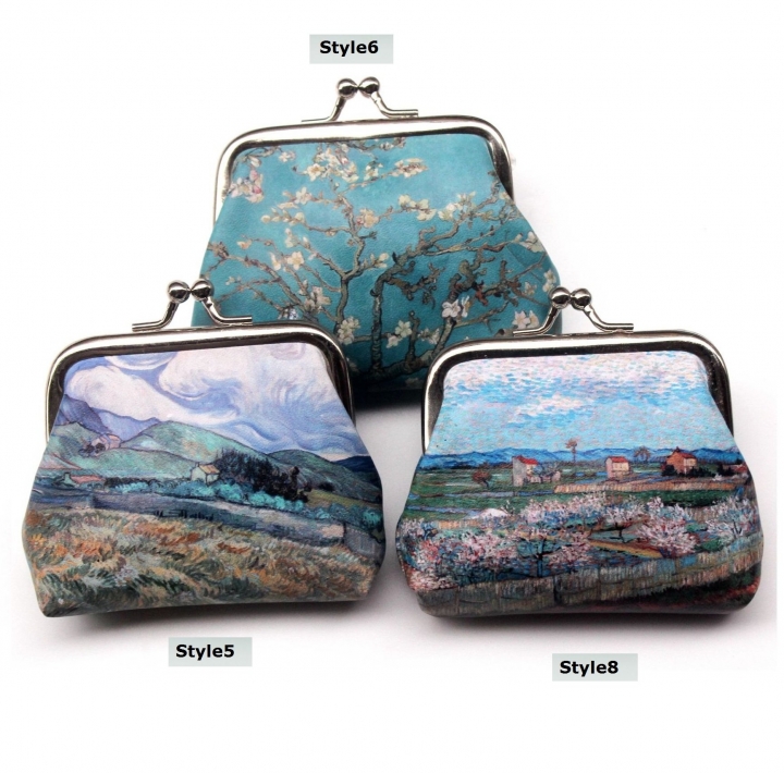 Female Oil Paiting Yellow Blue Van Gogh Wheat Field Starry Sky Printing Kiss Lock Mini Coin Purse