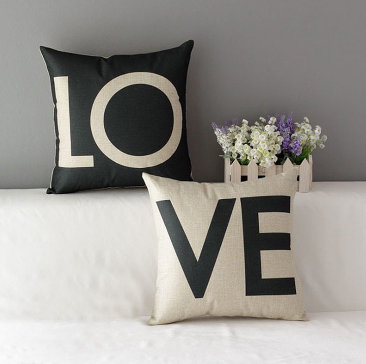2 PCS Cushion Cover Home Sweet Pillow Case Cotton Linen Sunshine Love Letter Cushion Sofa Bedroom